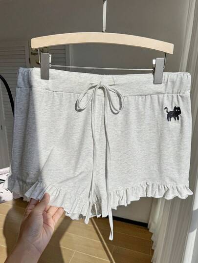 Comfortcana 大码女式休闲猫咪印花荷叶边抽绳腰短裤，夏季