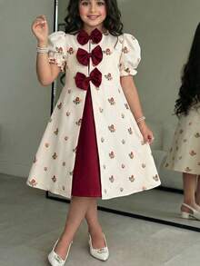 SHEIN 少女碎花泡泡袖撞色A字短袖连衣裙 - 杏色 - 查看 3