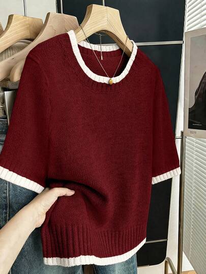 Franclia Women's Casual Everyday Commute Soft & Comfortable Young Relaxed Fit Crew Neck Short Sleeve Contrast Color Loose Straight Knit Pullover Top, Plus Size, Spring/Summer Burgundy Knit Top Maroon Knit Top Wine Red Knit Top Dark Red Top
