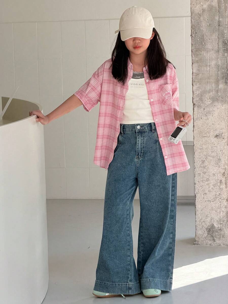 DAZY 少女格子短袖单排扣休闲口袋衬衫（夏季款） - 粉色 - 查看 1