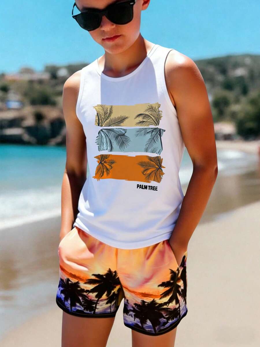 SHEIN 男童针织简约时尚酷炫度假日落撞色棕榈树阴影印花无袖背心,适合夏季、海滩、度假、户外活动。 - 白色 - 查看 1