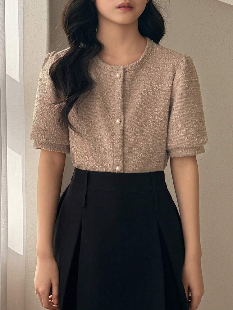 Tween Girls' Textured Front Button Short Sleeve Blouse, Summer