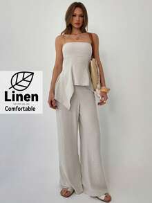 Aloruh Women's Apricot Strapless Ruffle Hem Crop Top And Skinny Pants, Spring/Summer Vacation - Khaki - View 1