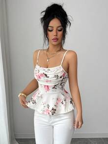 Top de tirantes con volantes y estampado de rosas, ideal para vacaciones de verano - Multicolor - Ver 7