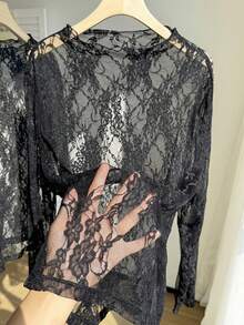 SHEIN EZwear 2 pezzi Maglie nere versatili in pizzo per donne taglie forti, autunno/inverno - nero - Visualizzare 7