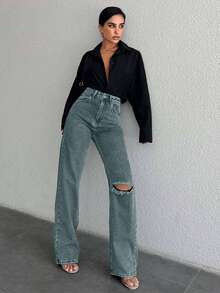 EURMUSE Women's Casual Everyday Wear Distressed Button Pocket Denim Jeans - Light Wash - View 5