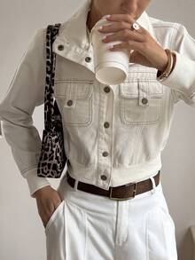 Livesso Women's Casual Denim Collared Blouse With Waist Cinching - Beige - View 6