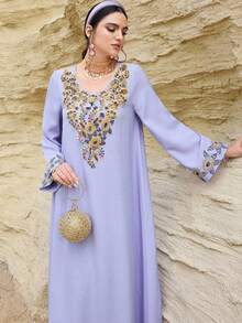 Al Najma 优雅、奢华、浪漫的刺绣串珠装饰土耳其女士长裙，阿拉伯传统长袍 - 紫色 - 查看 3
