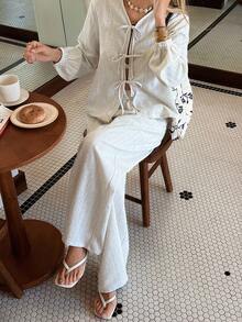 DAZY 2pcs Women Solid Color V-Neck Twist Front Long Sleeve Top And Pants Set - Khaki - View 5