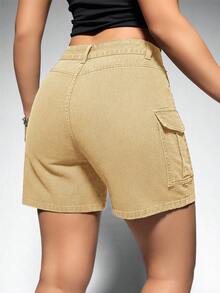 Jeanoix Quần short denim nữ có túi, cài nút, kiểu dáng thường ngày. - Màu Khaki - Xem 2