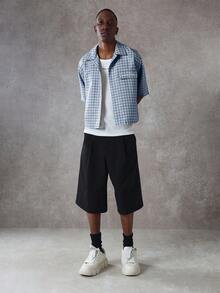 SUMWON Men's Textured Check Crop Shirt Short Sleeve Button Up Blue White Plaid Pattern Casual Summer Lightweight Top - Blue - View 4