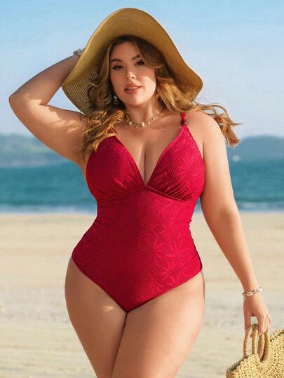 Swim Lushoire Plus Size Women Leaf Pattern Mesh One-Piece Swimsuit