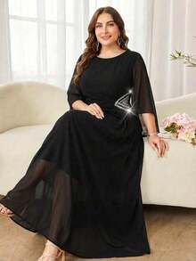 Reflora Elegant Black Plus Size Dress With Round Neck And Long Sleeves Semi Sheer Twist Detail A Line Mermaid Hem Long Length Plain Knitted Fabric For Women - Black - View 9