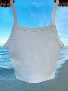 INAWLY Áo camisole nữ màu trơn, chất liệu gân, kiểu dáng thường ngày, thoải mái, phù hợp cho mùa hè. - trắng - Xem 2