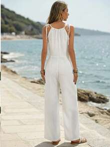 Breezaya Women's Summer Refreshing Vacation White Pleated Hollow Lace Trim Waist Jumpsuit, Suitable For Beach Vacation, Beach Stroll, And Daily Wear - White - View 2