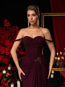 Glamrae Elegant Dark Gray-Green High Stretch Mesh Off Shoulder Evening Dress,Fishbone Trim Asymmetrical Split Metal Decor Fish Tail Formal Gown For Occasions - Maroon - View 6