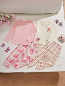 SHEIN Playful Pals 女婴秋冬 4 件套粉色可爱趣味女孩印花格子日常休闲运动家居套装，圣诞节 - 彩色 - 查看 1