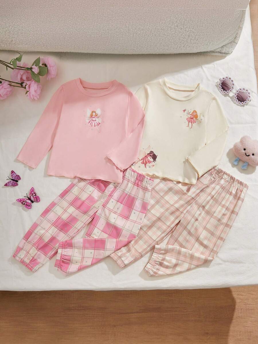 SHEIN Playful Pals 女婴秋冬 4 件套粉色可爱趣味女孩印花格子日常休闲运动家居套装，圣诞节 - 彩色 - 查看 1