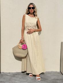 SHEIN Frenchy Đầm không tay cổ tròn, eo khoét rỗng, màu trơn dành cho nữ, thích hợp cho kỳ nghỉ. - Màu be - Xem 7