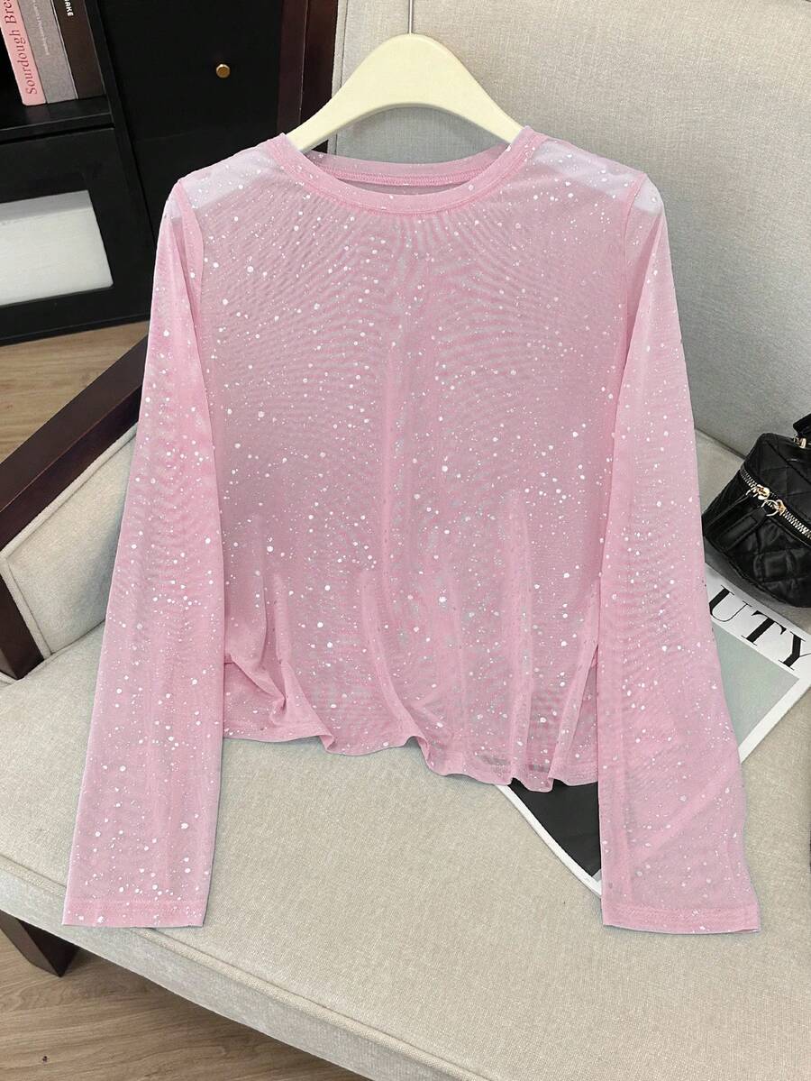 SHEIN LUNE 女士时尚金属银色透视圆领弹力长袖上衣 - 淺粉色 - 查看 1