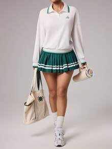 CourtClass 休闲百搭撞色纽扣长袖POLO领高尔夫球衫，饰有绿色字母印花 - 彩色 - 查看 4