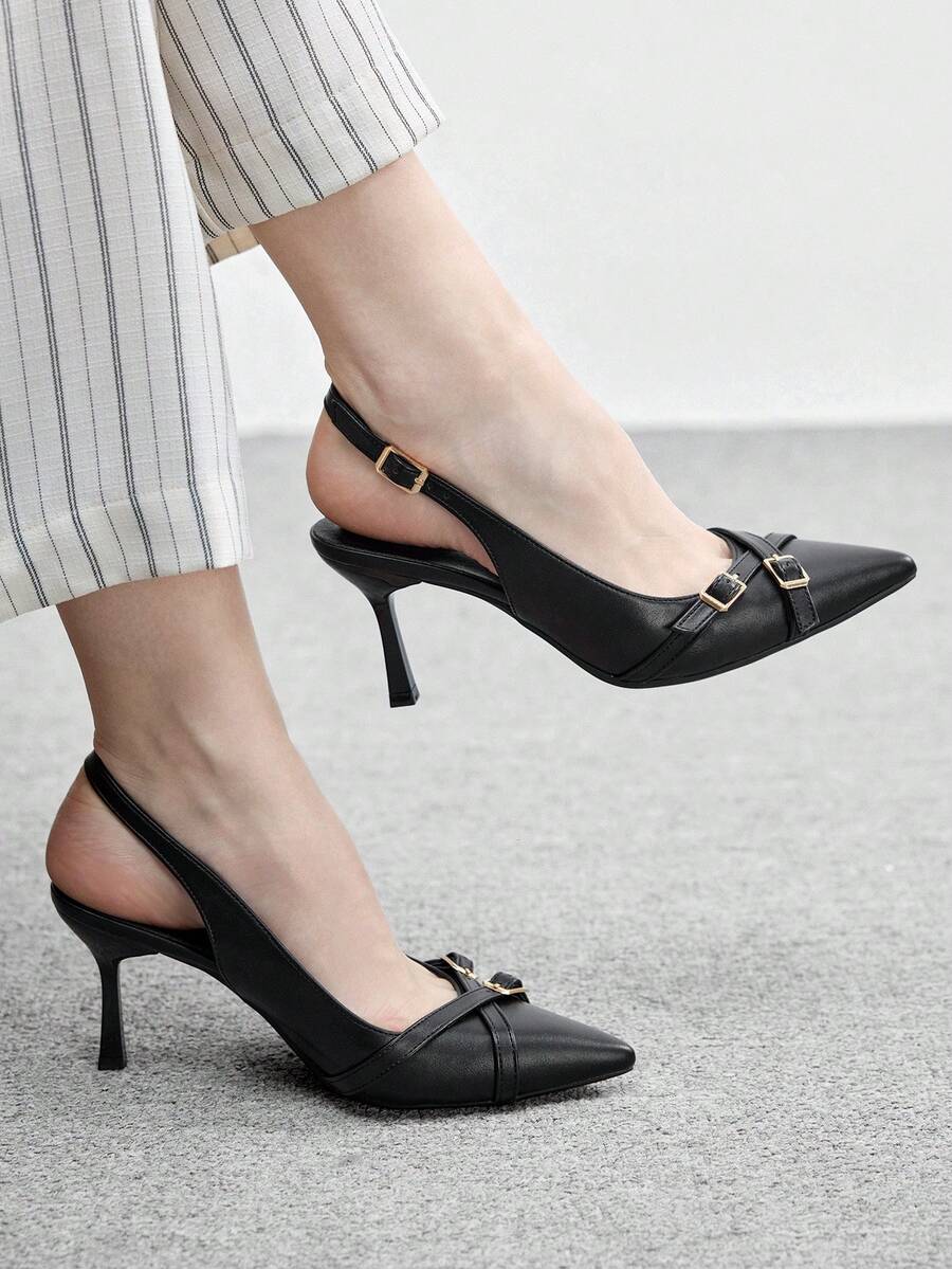 CUCCOO BIZCHIC Women Shoes Women's Pointed Stiletto Black Cross Strap Back Strap Fashion Versatile Commuter Daily Work Women's High Heel Shoes Back Empty Women's Shoes Valentine's Day - Black 1 - View 1
