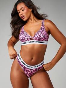 Missguided x Playboy 豹纹丁字裤，撞色腰带，品牌标志细节，高腰设计，巴西风格性感内衣 - 彩色 - 查看 3