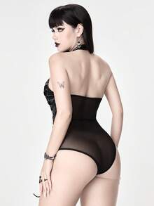 ROMWE Grunge Punk 暗黑朋克哥特音乐节摩托车颈链镂空编织带性感连体裤 - 黑色 - 查看 6