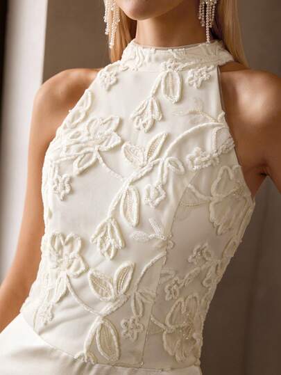 MOTF Soiréza WOMEN'S SOLID COLOR HALTER NECK 3D FLORAL PATCHWORK MERMAID HEM PARTY COCKTAIL DRESS, SPRING/SUMMER