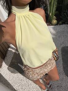 Aloruh Women's Yellow Chiffon Halter Tie Back Blouse, Spring/Summer - Yellow - View 3