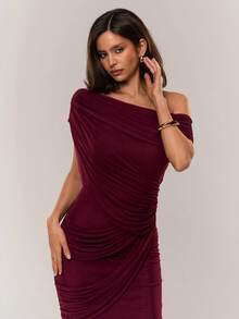 Aloruh 优雅派对单肩网纱连衣裙（女士款） - 酒紅色 - 查看 4