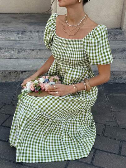 Cévolie 女士方领泡泡袖荷叶边下摆格子连衣裙，夏季