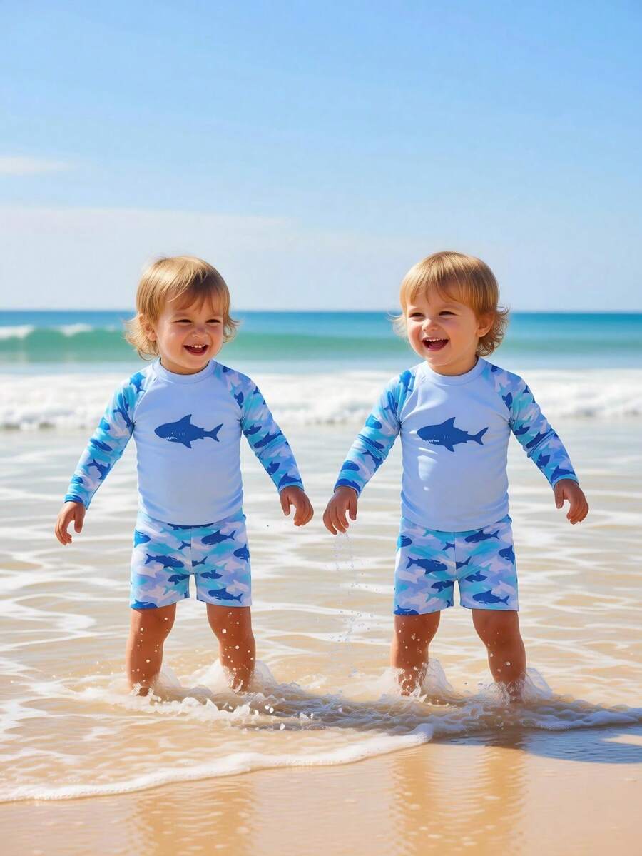 SHEIN Set Baju Renang Bayi Laki-laki Motif Hiu, Baju Renang Lengan Panjang Pelindung Ruam dengan Celana Pendek, Biru Aqua, Musim Panas, Lucu, Pantai, Liburan, Perlindungan Matahari, Baju Renang Dua Potong untuk Bayi dan Balita - MultiWarna - View 1