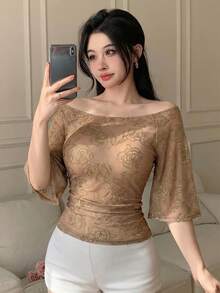 DAZY 女士优雅提花网眼圆领修身T恤，夏季 - 棕色 - 查看 1