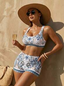 Florisole Women's Casual Vacation Beach Party Paisley Print Halter Tankini Swimsuit 2 Pieces Set, New - Multicolor - View 2