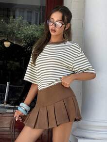 MainGRL 女士休闲宽松杏色条纹圆领T恤，春夏款 - 杏色 - 查看 5