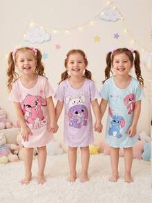 3pcs Girls Cute Cartoon Animal Print Short Sleeve Mid-Length Nightgown Pajamas, Spring/Summer - Multicolor - View 5