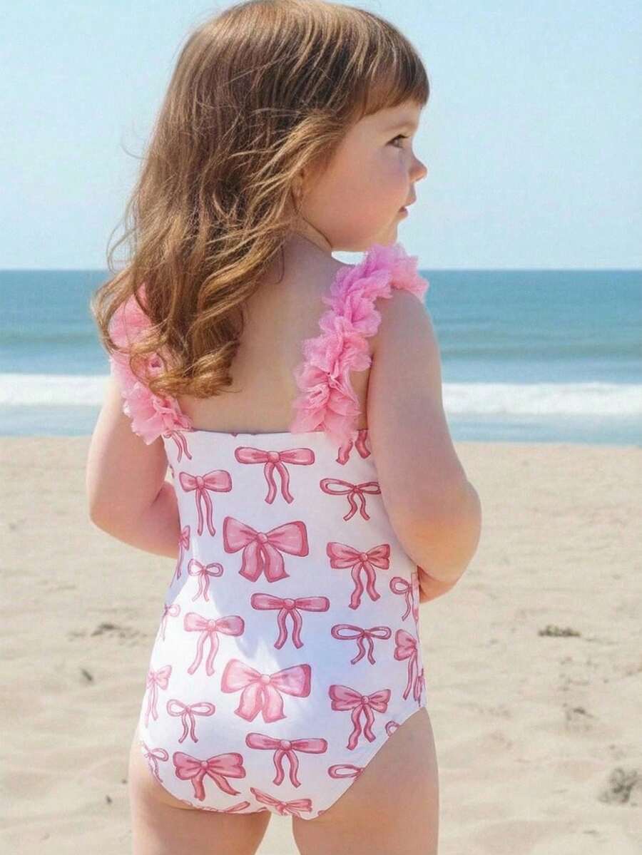 LMoss Kids 女婴蝴蝶结印花时尚沙滩连体泳衣 - 彩色 - 查看 1