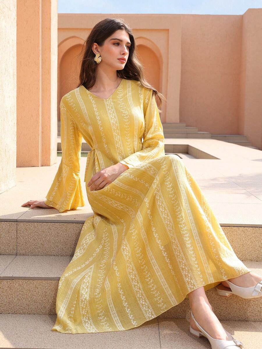 Graceveil V-Neck Jacquard Bubble Textured Asymmetric Sleeve Tie Side Yellow Dress - Yellow - View 1