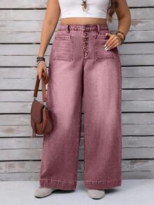 EMERY ROSE Plus Size Women Casual Vacation Daily Commute Fashion Street Button Fly Washed Loose Wide Leg Jeans - Dusty Pink - View 3