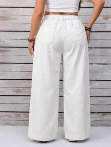 EMERY ROSE Quần jean ống rộng dáng suông thoải mái dành cho nữ cỡ lớn, có cúc cài phía trước và túi hai bên. - Màu be - Xem 3