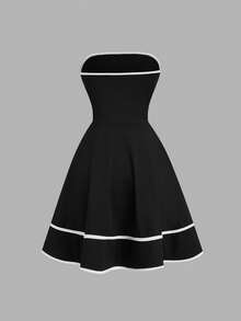 Franclia 女士优雅撞色包边腰部喇叭裙摆无肩带连衣裙，不含腰带 - 黑色 - 查看 3