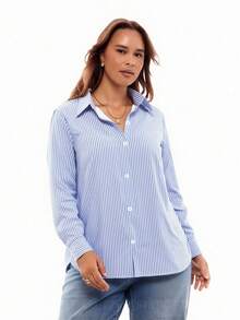 Solavibe Áo sơ mi dài tay kẻ sọc cài cúc dáng rộng dành cho nữ, đa năng, thích hợp mặc hàng ngày hoặc phối nhiều lớp. - Nhiều màu - Xem 4