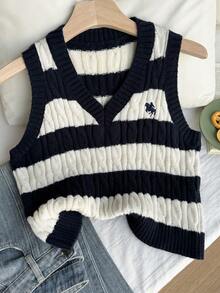 Comfortcana Plus Size Striped Contrast Color Twist Knit Embroidered Sleeveless Cropped Tank Top - Blue - View 5