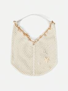ROMWE Fairycore 1 Set Beige Woven Beach Tote Bag & Accessories, Fashionable Personalized Beach Resort Style Women Tote Bag (Includes 1 Bag And 1 Set Of Accessories) - Beige starfish flower edge - View 2