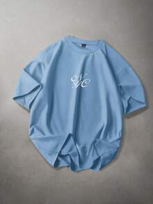 STYNVO T-shirt à manches courtes col rond avec graphique lettrage, décontracté pour homme, été - Bleu azur - Voir 2