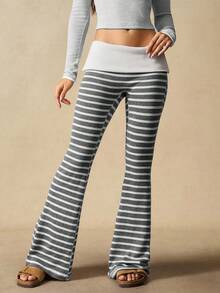 VARSIVA Women's Casual Striped Flared Pants With Waist Fold Over Leggings Boot Cut Yoga Pants Cotton Yoga Pants Wide Leg Yoga Pants - Grey - View 7