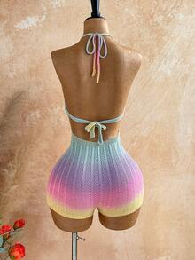 Soleia Women's Ombre Hollow Design Backless Halter Knitted Romper - Multicolor - View 2