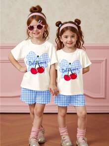 两件套可爱迷你蓝色格子樱桃印花少女休闲圆领短袖T恤和短裤套装，适合夏季度假 - 彩色 - 查看 5
