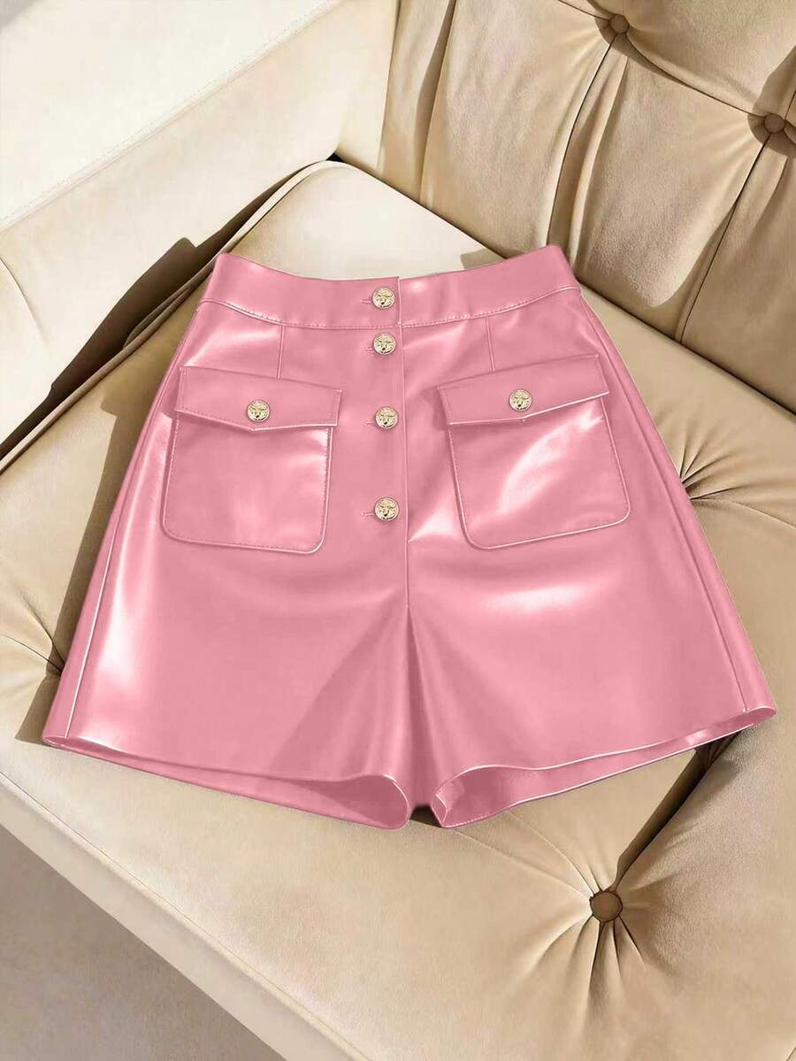 SHEIN Franclia Pantalones cortos casuales de mujer de unicolor con bolsillo y botones delanteros de PU - Rosa - Ver 1